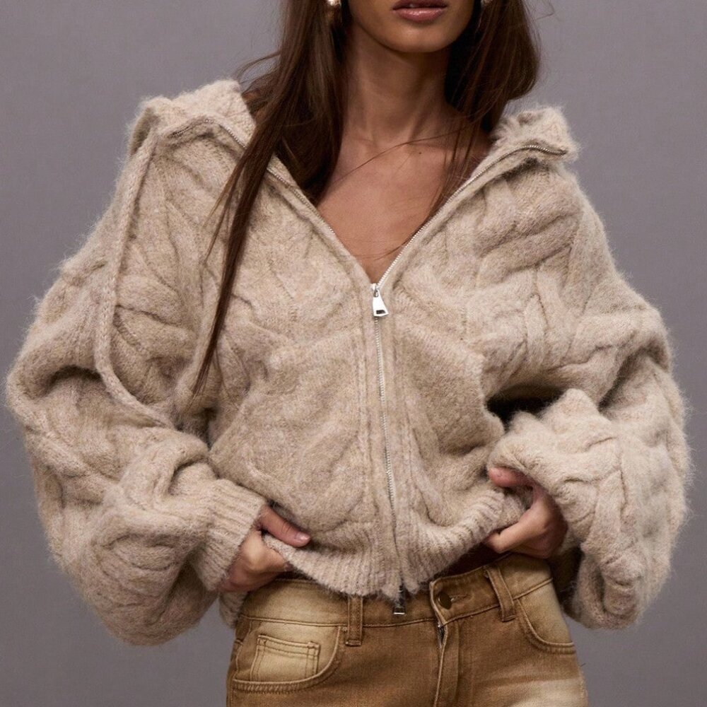 Khaki Casual Women's Chunky Oversized Hooded Cable Knit Sweater